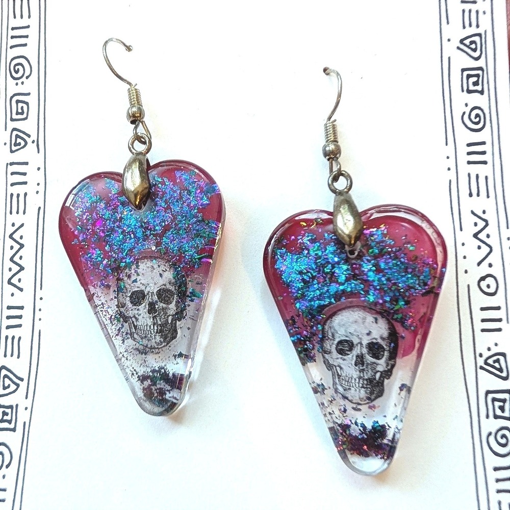 Handmade Skull Heart Resin Earrings Pink Blue Glitter Gothic Dangle